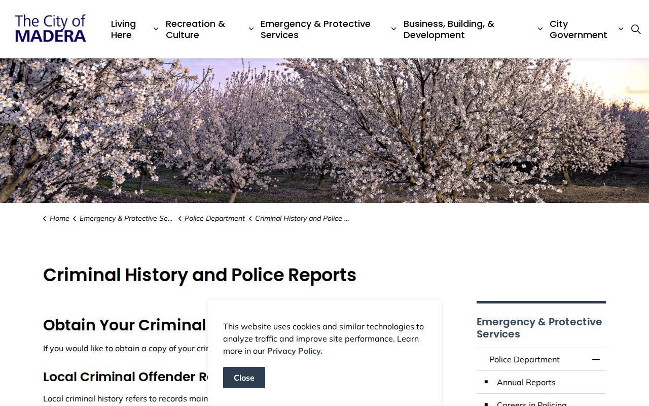 Madera Police Department arrest report request rules for Madera records