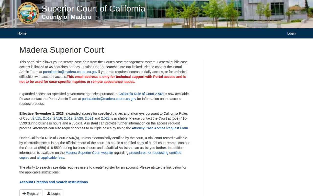 Madera County arrest case and court disposition search portal